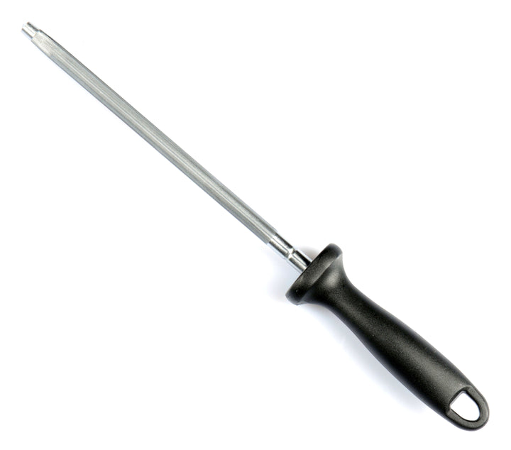 Round sharpening steel with black plastic handle
