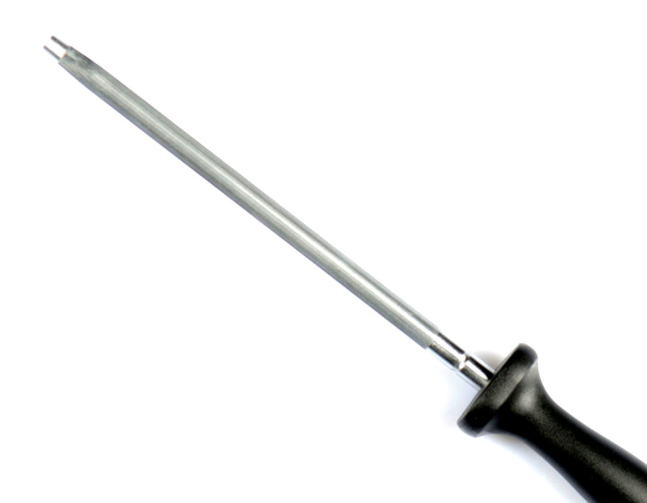 Round sharpening steel with black plastic handle