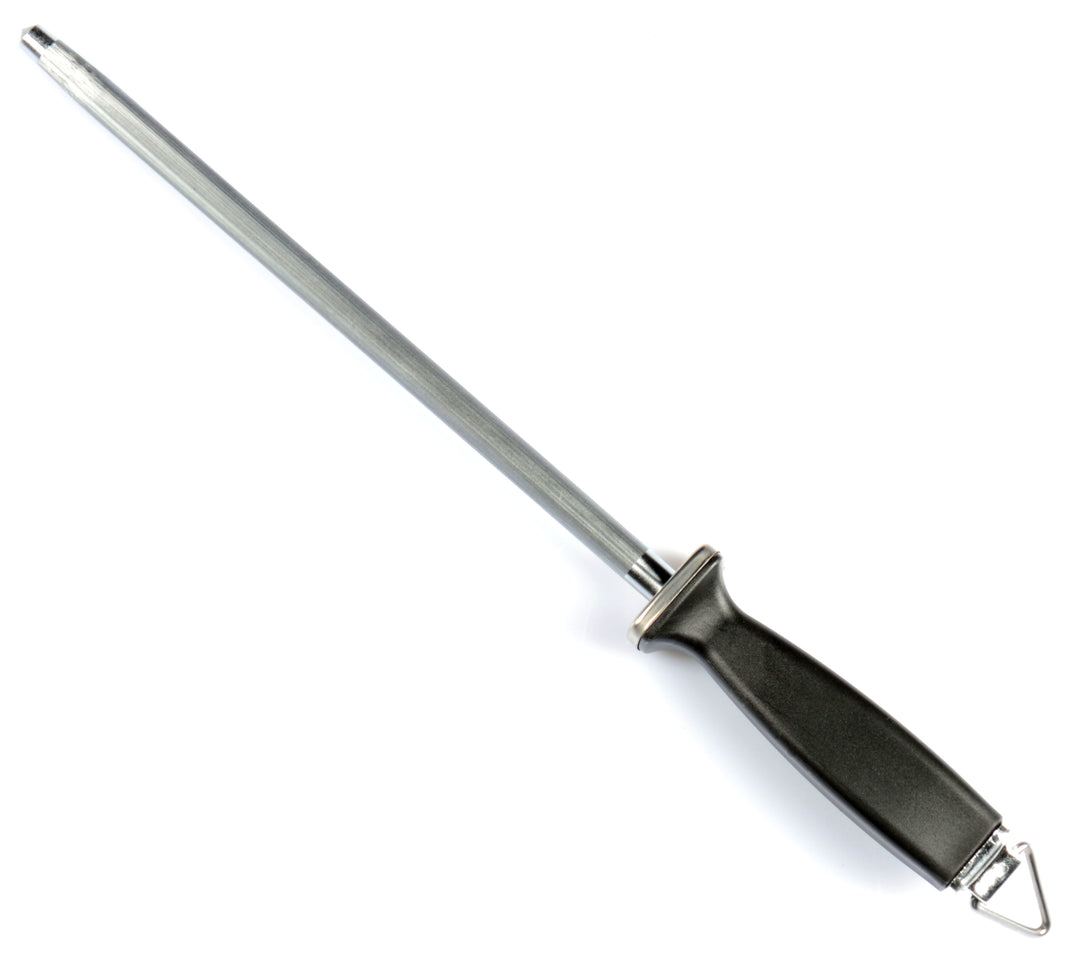 Round sharpening steel with black plastic handle