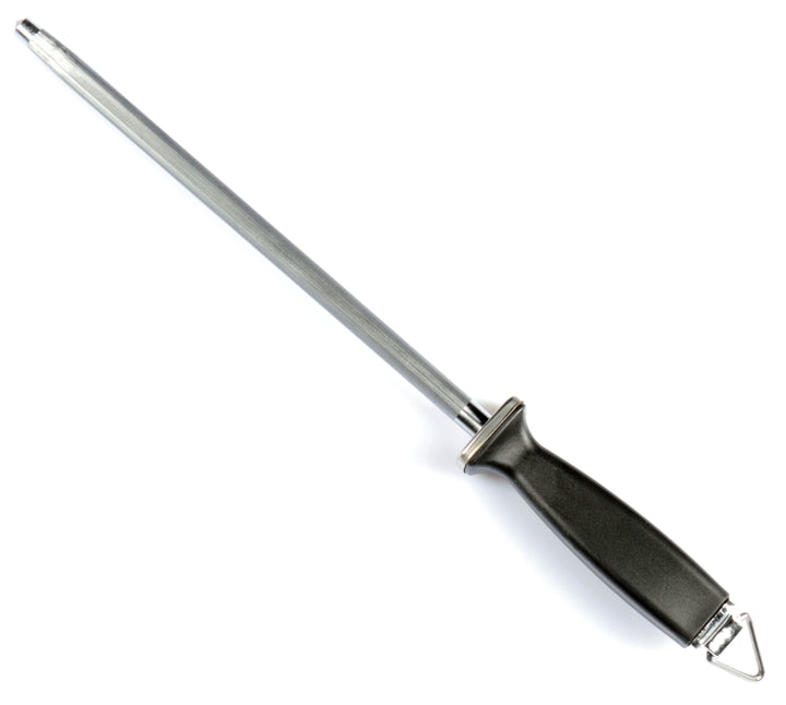 Round sharpening steel with black plastic handle